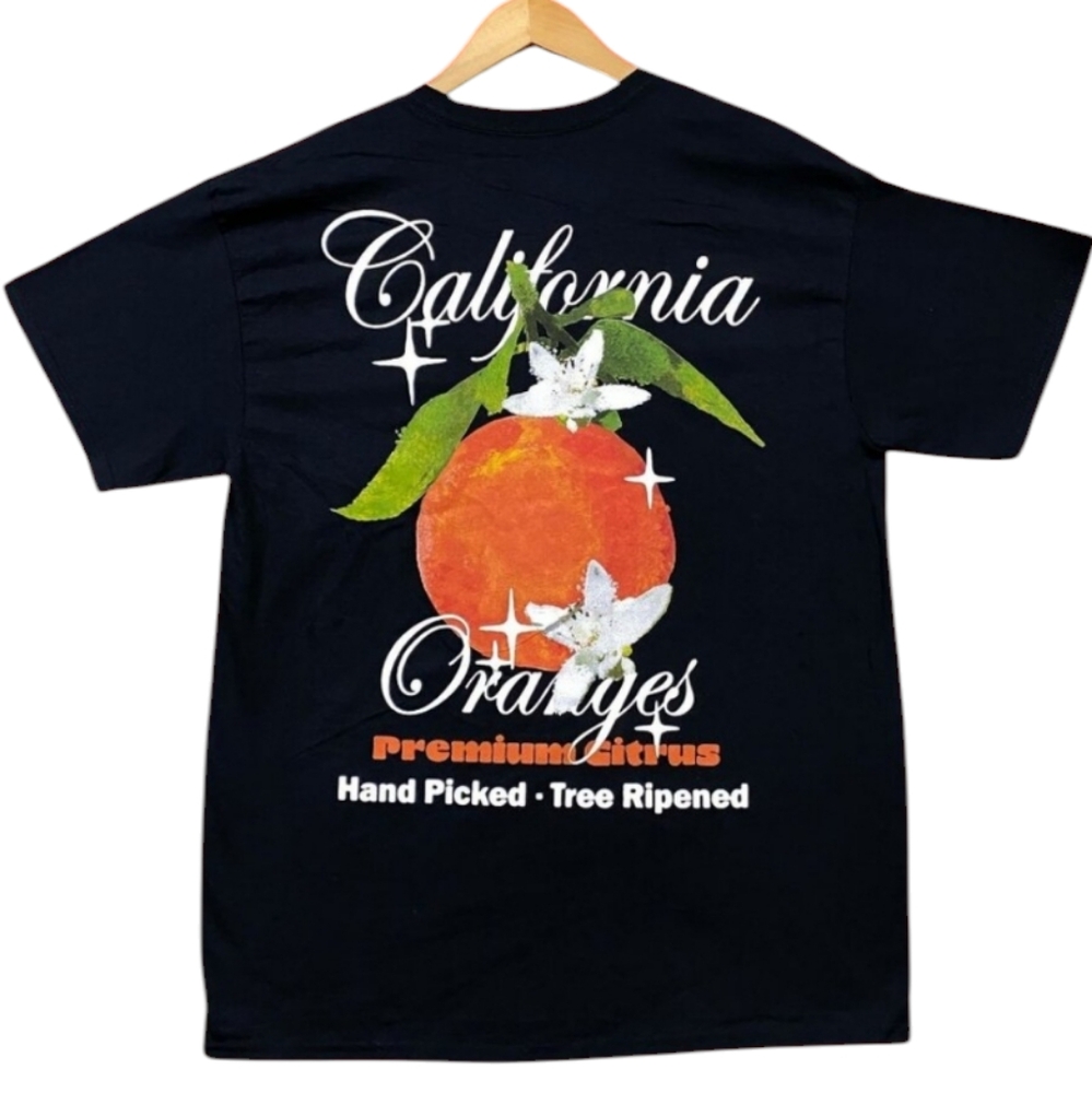 Strange Daze California Oranges Graphic Black Tee Double Hit NWOT